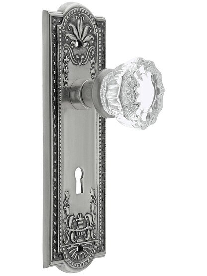 Meadows Style Mortise Lock Set in Antique Pewter with Fluted Crystal Glass Door Knobs.